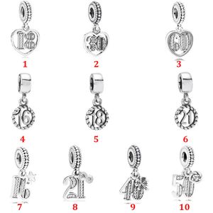 Genuine 925 Sterling Silver Fit Pandora Bracelet Charms Round Number Pink Heart Charms Beads Love Heart Blue Crysta Charm For DIY Beads Charms