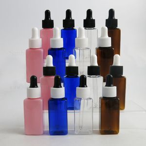 Klare, bernsteinfarbene, blaue, rosa, quadratische E-Liquid-PET-Kunststoffflasche, 30 ml, 1 Unze Pipette, Tropfbehälter, Flaschen für ätherische Öle, 500 Stück