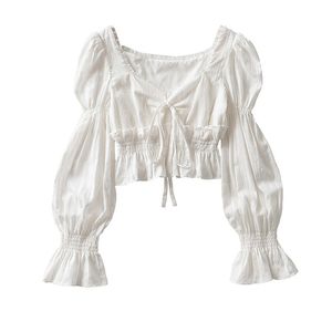 Francuski plisowany damski lampion z długim rękawem koszule damskie 2022 wiosenny i jesienny nowy Vintage biały kwadratowy kołnierzyk bluzki topy damskie