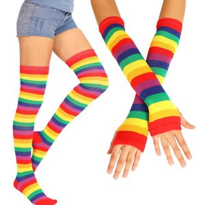 Regenbogen-Kostüm-Set, gestreift, kniehohe Socken, Armwärmer, fingerlose Handschuhe, Set für Teenager, Erwachsene, Halloween, Cosplay, Weihnachten, Verkleidung, Bühnenkleidung