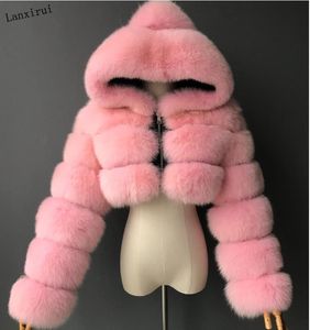 High Quality Furry Cropped Faux Fur Coats and Jackets Women Fluffy Top Coat with Hooded Winter Fur Jacket manteau femme