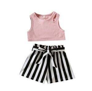 Baby girl solid color Vest + striped shorts two-piece set children summer outfits