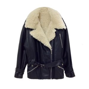 Bella philosophy Autumn Winter Temperament Turn Down Collar coats Zipper With Belt Women Loose Lamb Hair PU Fur Jacket 201029