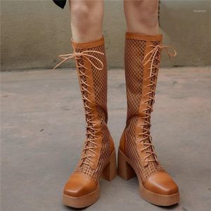 Boots Lace Up Thigh High Gladiator Shoes Women Summer Genuine Leather Knee Female Breathable Heel Platform Pumps