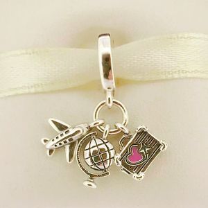 Authentischer Pandora-Charm aus 925er-Sterlingsilber mit Flugzeug-Globus-Koffer-Anhänger, passend für europäische Armbänder mit losen Perlen zur Herstellung von DIY-Schmuck 799435C01