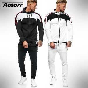 Erkek Hoodie Ceket + Pantolon Eşofman Erkek Splice Uzun Kollu Rahat 2 Parça Set Erkek Cep Fermuar Slim Fit Joggers Gym Suit 201114