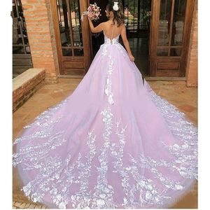 2021 Pink Wedding Dress Ivory Lace Floral Applique Scoop Hollow Back Bridal Dress For Bride Long Train Formal Party Ball Gown Long