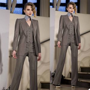 New Arrival Gray Stripe Women Spodnie Garnitury do ślubu Matka panny młodej Panie Wieczorowe Party Tuxedos Formalne Nosić 3 kawałki