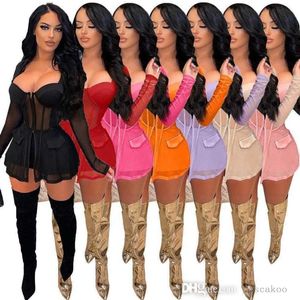 Sexiga Sheer Mesh Tracksuits for Women 2022 Designer Clothing Two Piece Set Long Sleeve Zipper Crop Top Shorts sätter Clubwear