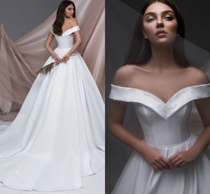 2021 Gorgeous Satin Wedding Dresses Off the Shoulder Sleeveless Beading Sweep Train Bridal Gowns Vestido De Novia Mariee