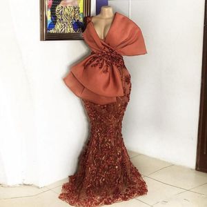 Afrikanische mermaid sexy Abendkleider mit Spitzen Applikationen Perlen Pailletten Big Bow Kleid Lange Deep V Hals Plus Größe Partykleider