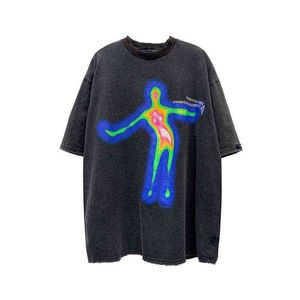힙합 펑크 씻어 레트로 인쇄 남성 T 셔츠 대형 왜곡 된 초상화 짧은 소매 여성 파란색 Tshirts 그래픽 티 스트리트웨어 G1229