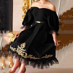 Arabic Black Prom Dresses 1/2 Sleeve Off the Shoulder With Gold Embroidery Abaya Dubai Evening Party Gowns