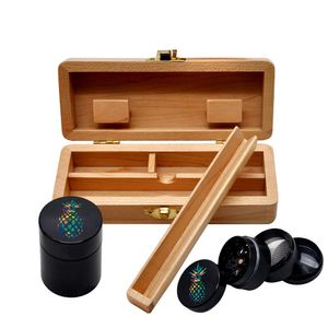 Tobacco Kit Zinc Alloy Smoking Herb Grinder For Tobacco + Aluminum Storage Container Stash Jar + Wooden Wood Stash Box Tobacco Hand Pipes