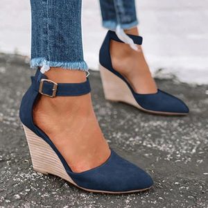 2021 Wedges mulheres sandálias verão fivela fivela sólida apontada doce casual escritório festa de casamento sapatos de casamento plus size senhoras 0227