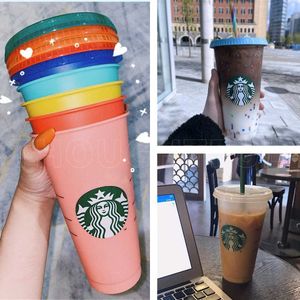 Bicchiere in plastica riutilizzabile lucida con polvere flash con coperchio e tazza Starbucks con cannuccia, fl oz, tazza che cambia colore