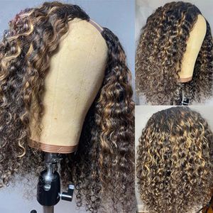 Блеслисная выделение блондинки U Part Wig Kinky Curly 100% человеческие волосы на 180% плотность Перуанская Реми Волная волна 2x4 Средняя U Form Wigs