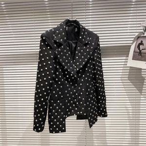 Spring Autumn Fashion Design Kvinnor Turn Down Collar Full Rhinestone Patchwork Shinny Bling Luxury Blazer Suit SML