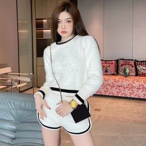 Women's Two Piece Pants New Knitwear Set With Letter Fleece Fur Round Neck Pullover Sweater Suit Elastic Waist Shorts