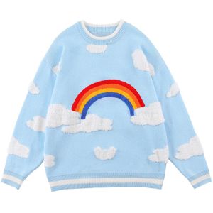 Męskie Swetry Płyta Bawełniana Sweter Mężczyźni Kobiety Haft Furry Cloud Rainbow Dzianiny Sweter Harajuku Luźne bluzy