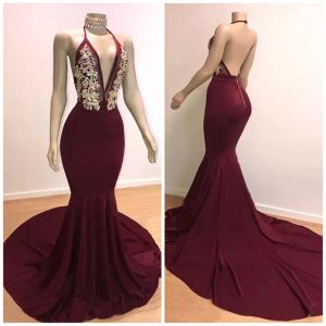 Bury Evening Dresses Sexy Halter Backless Sweep Train Beaded Lace Applique Ruched Pleats Custom Made Prom Party Gowns Vestidos