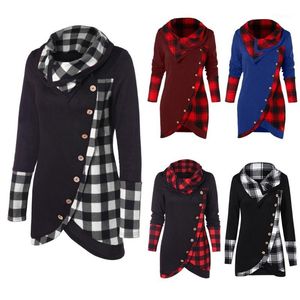 Women's Hoodies & Sweatshirts Winter Blouse Women Long Sleeve Tartan Tunic Sweatshirt Button Clothing Plaid Turtleneck Female Pullover Tops