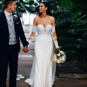 A buon mercato Nuovo Arrivo Beach Sirena Abiti da sposa Manica lunga Appliques di pizzo SweepTrain Boho Abito da sposa Abiti da sposa vestido de noiva