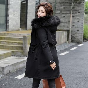 Estilo coreano Mulheres de inverno longo casaco de lã moída com capuz jaqueta feminina com colarinho de pele Plus size sólido mulher grossa parkas 201155