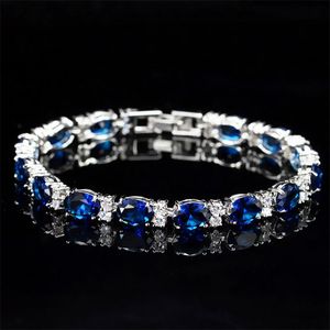 Victoria Luxo Jóias Novo 925 Esterlina Prata Oval Corte Azul Safira CZ Diamante Ruby Popular Women Wedding Bracelet para Amante Presente