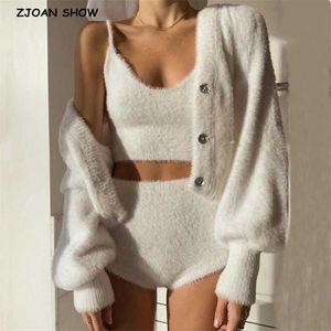 Vintage Set Shaggy Korea Style White Cardigan Furry Single-breasted Button Tank Top Knitted Sweater Jumper 1 Set 211221