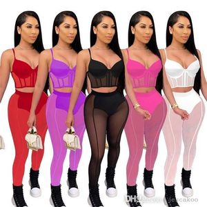 Designer Sheer Yoga Byxor För Kvinnor 2 Piece Set Sexig Mesh Stitching Crop Top Perspektiv Skärm Leggings Outfits Clubwear