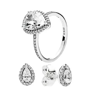 Fedi nuziali in argento sterling 925 da donna Diamanti con zirconi cubici per Pandora ANELLO a goccia e set di ORECCHINI Fidanzamento Regalo da donna con scatola