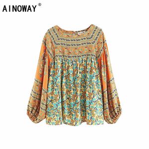 Vintage chic Women Bohemian floral print long sleeve blouse shirt loose harajuku knited Boho beach rayon shirts blusa T200321