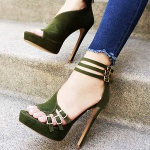 Armé Green Platform Sandals Kvinnor Hög Vamp Spänne Klipp ut Ladies Sandaler Högklacken Öppna Toe Zipper Stiletto Kvinna Skor39size 0928