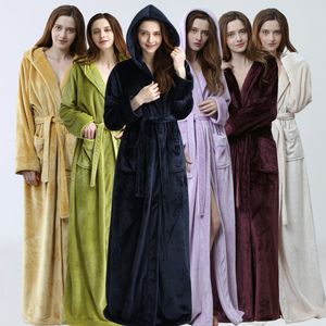 Plus Size Flannel Robe, Hooded Extra Long Bathrobe for Men & Women, Warm Thick Winter Kimono Bath Robe, Male Dressing Gown Robes (LJ202422)