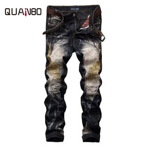 Quanbo novo verão primavera moda marca design angustiado mens jeans hight qualidade buraco rasgado bordado denim calças 42 201117