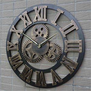 Retro industrial wind gear vintage wood Wall clock European style living room large classic golden roman numeral home clocks H1230