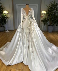 두바이 화려한 A- 라인 웨딩 드레스 분리 가능한 기차 루치 새틴 진주 구슬 인어 신부 가운 긴 소매 결혼 드레스 Robe de Marie