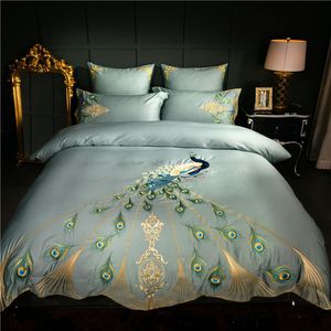 60s egyptisk bomull orientalisk broderi lyxiga sängkläder uppsättning påfågelmönster drottning kung storlek 4 / 6pcs duvet täcker sängkläder kudde t200706