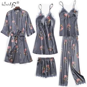 Wholesale sleep outfits resale online - Women Pajamas Pieces Satin Sleepwear Pijama Silk Home Wear Home Clothing Embroidery Sleep Lounge Pyjama Robe and Nightgown Set Y200425