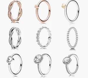 Kvinnors 925 Sterling Silver Wedding Rings Cubic Zirconia Diamanter för Pandora Style Charm Rose Gold Ring Classic Engagement Ladies Present med Original Box