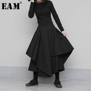 [EAM] 높은 탄성 허리 블랙 비대칭 넓은 다리 바지 새로운 느슨한 맞는 바지 여성 패션 조류 봄 가을 2020 LJ200819