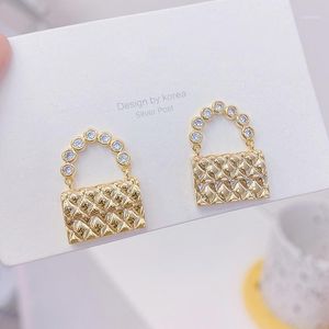 Stud Exquisite 14k Real Gold Small Handväska Kvinnor Örhängen Zircon Charm Örhängen Bröllopsmycken Bijoux för Bridal Gift