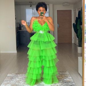 Unikalne kobiety Dwa kawałki Prom Dress Tulle Spaghetti Topy i Spodnie Party Koktajl Kobiety Długie Ruffled Suknie