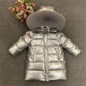 Girls long down jacket children winter thick coat really fox fur collar LJ201125