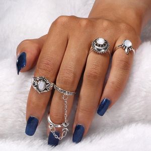 Cluster Rings Vintage Articulation Handmade Tibetan Silver Sun Opal Ring Set For Women Leaf Flower Heart Crown Boho Statement Jewelry