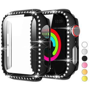 Glass + Cover para Apple Iwatch Capas 44mm 40mm 42mm 38mm 41mm 45mm Protetor de tela do pára-choque Apple Watch Band Series SE 7 6 5 4 3 Acessórios Diamond Case Covers