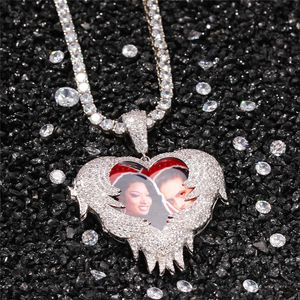 Hip Hop Iced Out Love Shape Flip Custom Photo Pendant Personality Creativity DIY Necklace with Rope Chain