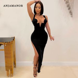 Anjamanor Svart Baklösa Split Bodycon Maxi Klänning Födelsedagsfest Klänning För Kvinnor Ballroom Gown Plus Size Sexig Clubwear D42-CH28 Y0118