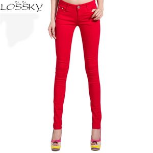 Höst elastiska kvinnor penna jeans byxor godis färgad mitten midja dragkedja smal passform skinny kvinnlig jean mode full längd byxa lj201012
